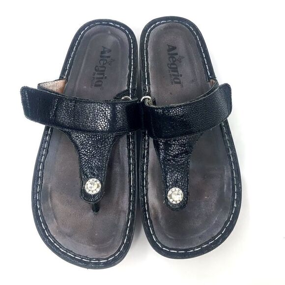Alegria Black Leather T Strap Diamond Button Slip On Wedge Heel Support Sandals - Picture 1 of 14